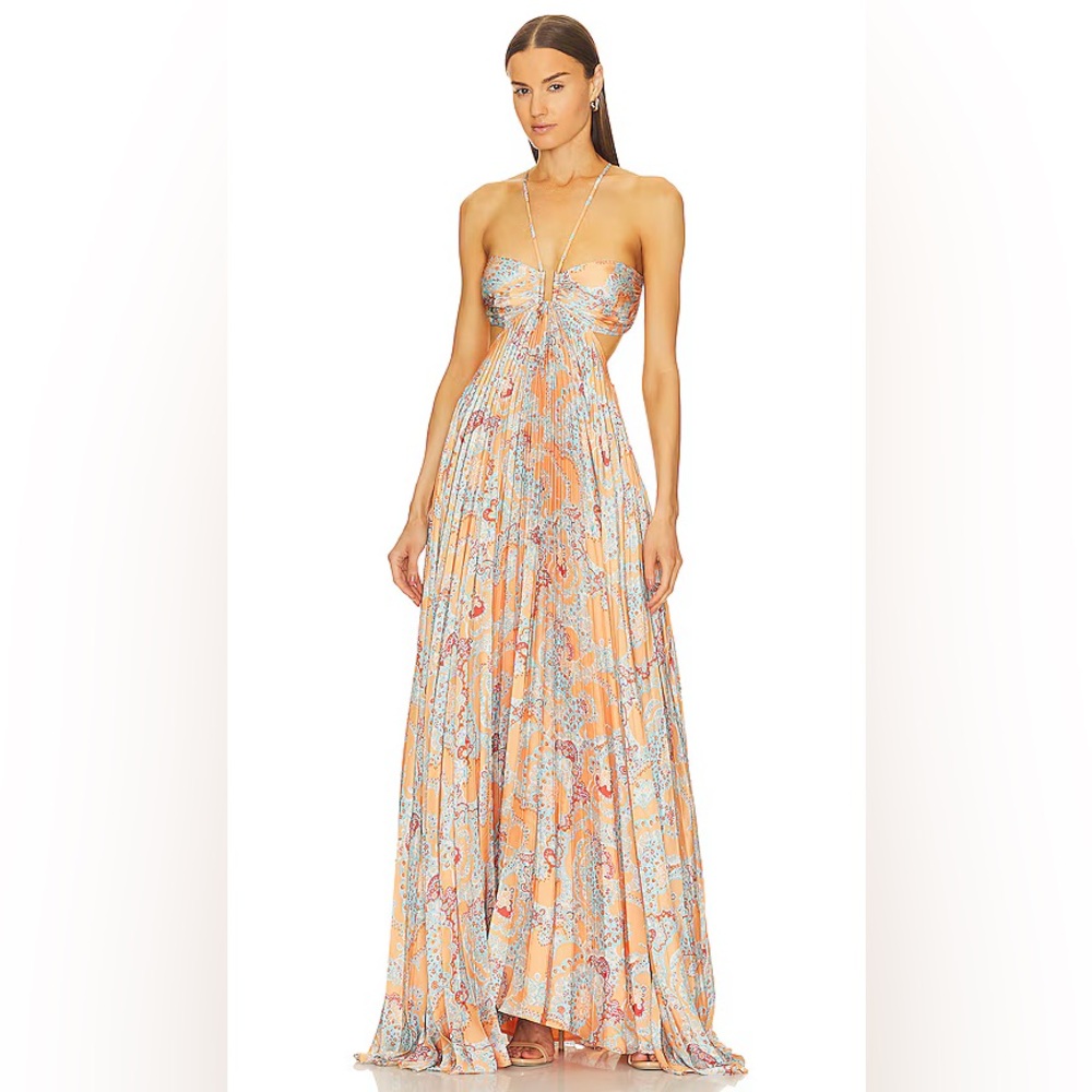 A.L.C. Moira Pleated Dress in Apricot Multi - Picture 2 of 6